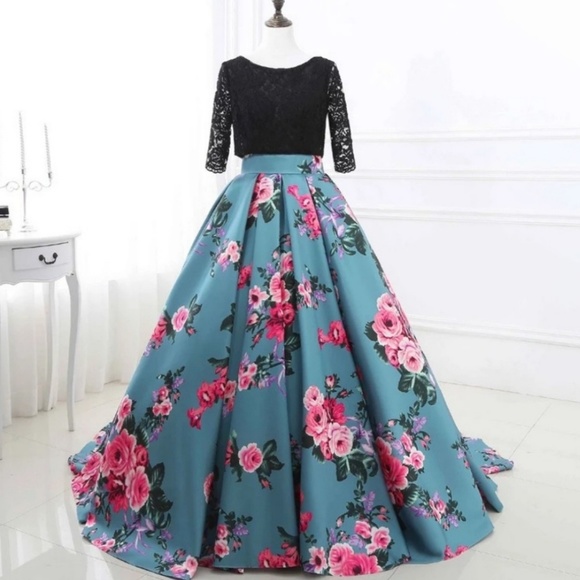 Plus Size Teal Floral Gown - Picture 2 of 2